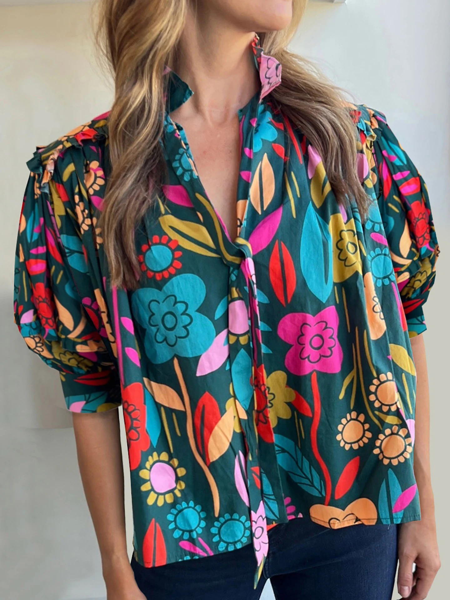 

DearLover Vintage Floral Hooded Shirt Women's Summer New Thin Drawstring V-neck Half Sleeve Cotton Casual Loose Fit Shirt