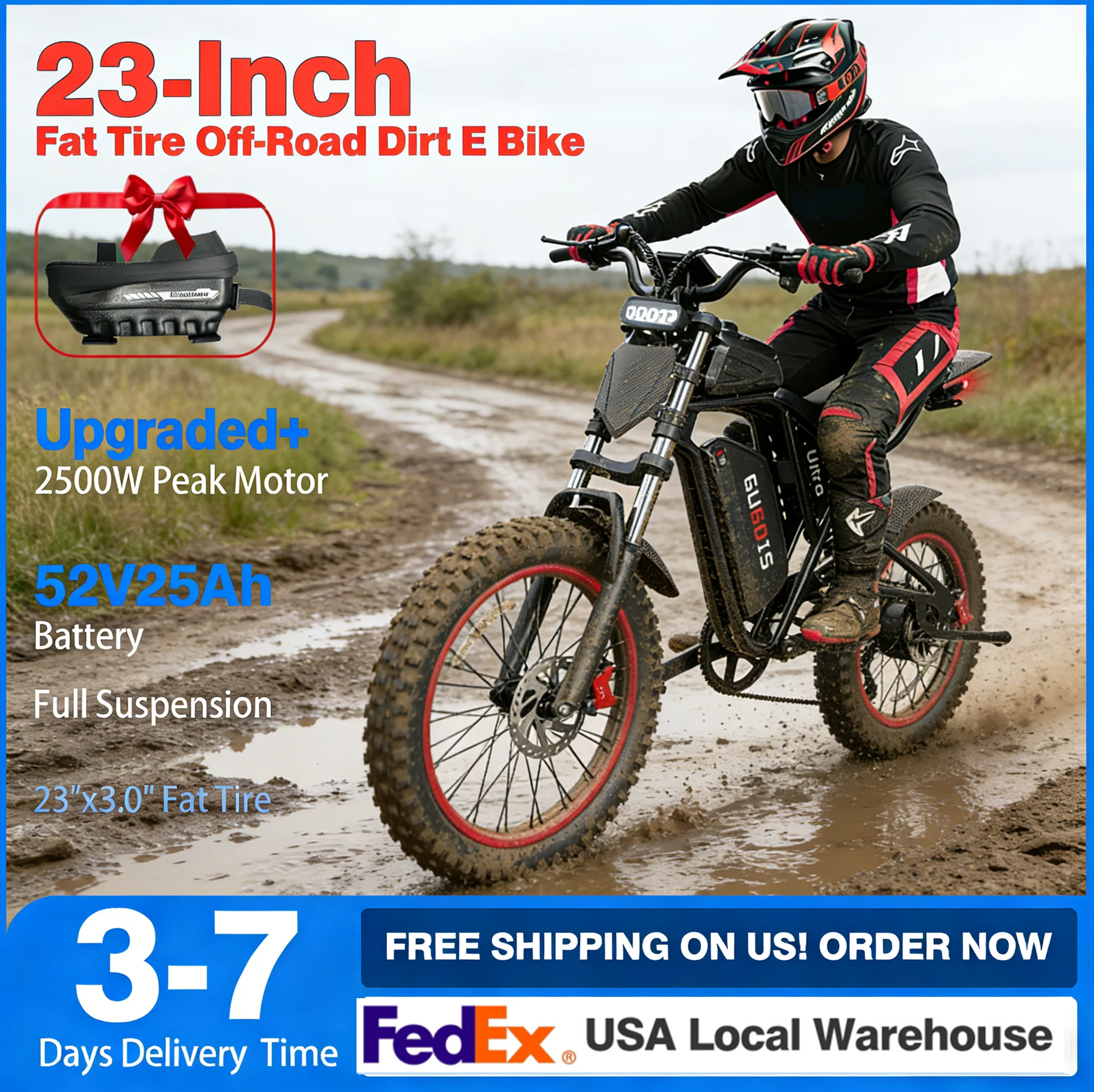 

2500W Electric Dirt Bike for Adults with NFC Unlock, Alarm, 52V 25Ah Battery, 90 Miles, 40 MPH, 17x3.0" Deep Teeth Off-Road Tire