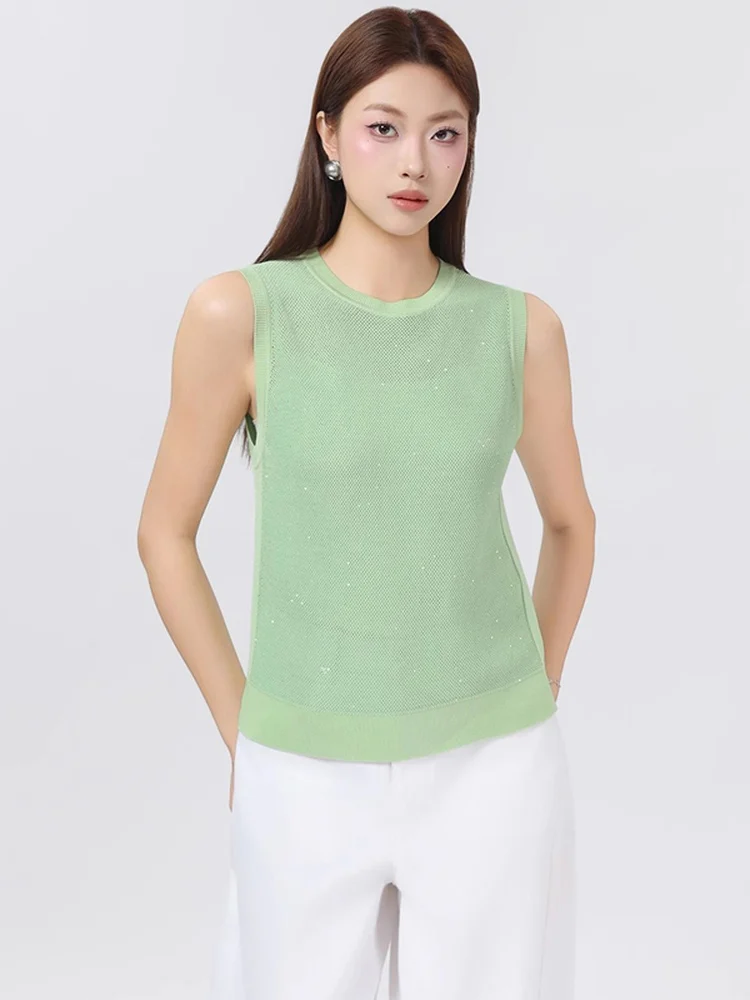 

Женский летний вязаный жилет AmaShi с круглым вырезом, без рукавов, с пайетками, модель 538015, в корейском стиле, тонкий, для повседневной носки