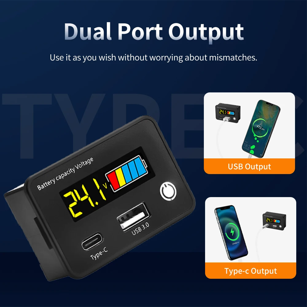 DC8-30V 6-in-1 Digital Voltmeter Power Indicator USB3.0+Tpye-C Output Battery Level Tester Low Voltage Alarm