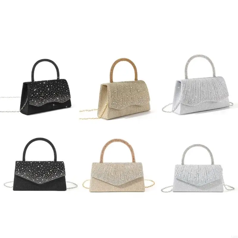 A3PE Stylish Shoulder Bag Embellished With Rhinestones Chain Fashion Dinner Bag Evening Purse for Wedding and Cocktail