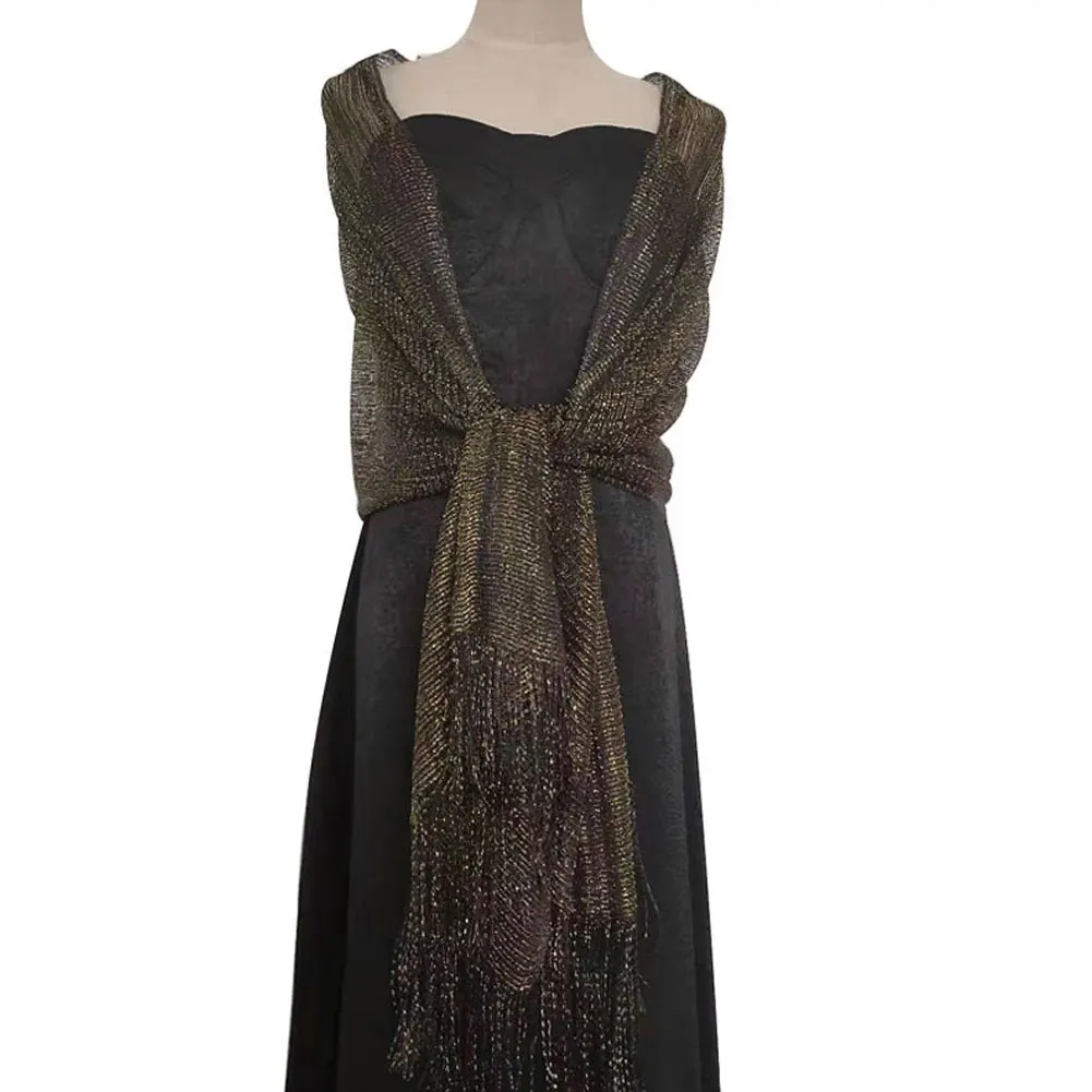 

Элегантная женская шаль с золотой серебряной проволокой и кисточками, свадебный темпераментный шарф для подружки невесты для вечерних платьев