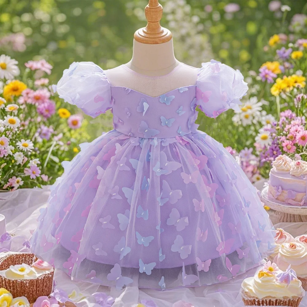 Pink Butterfly Print Princess Dress For Baby Girls Toddler 1st Birthday Party Dresses Infant Wedding Tutu Clothes Lace New Gown