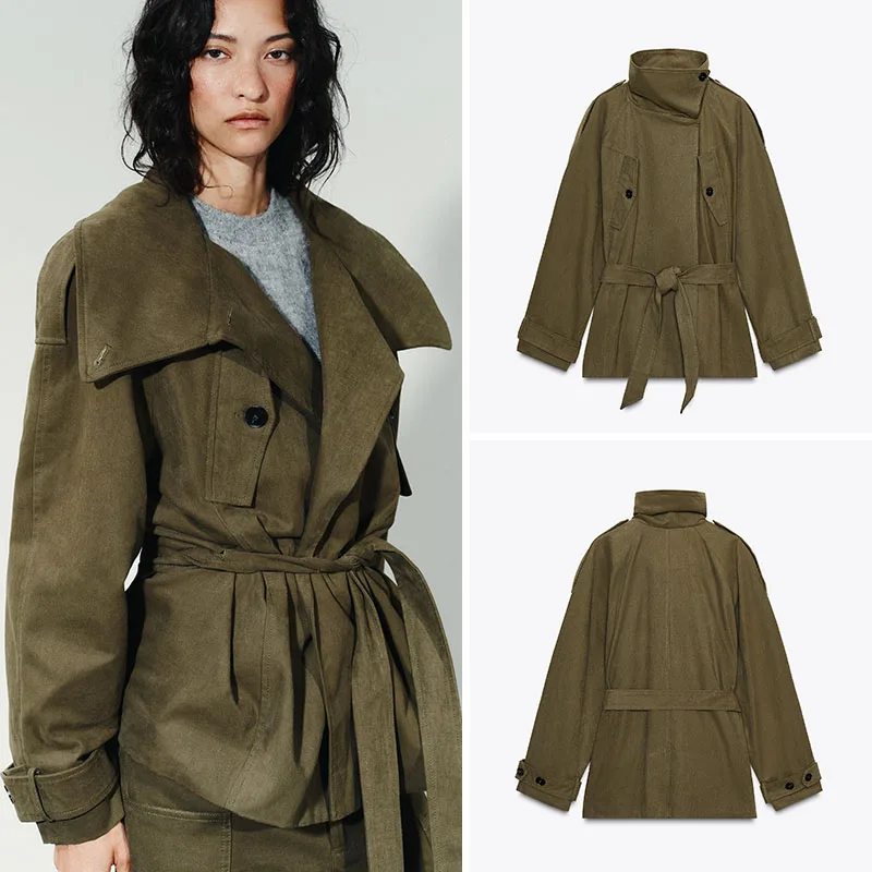

Autumn New Arrival Women's Long Sleeve Stand Collar Waist-Cinching Coat with Belt French Style Fashionable Ladies' Short Oute...