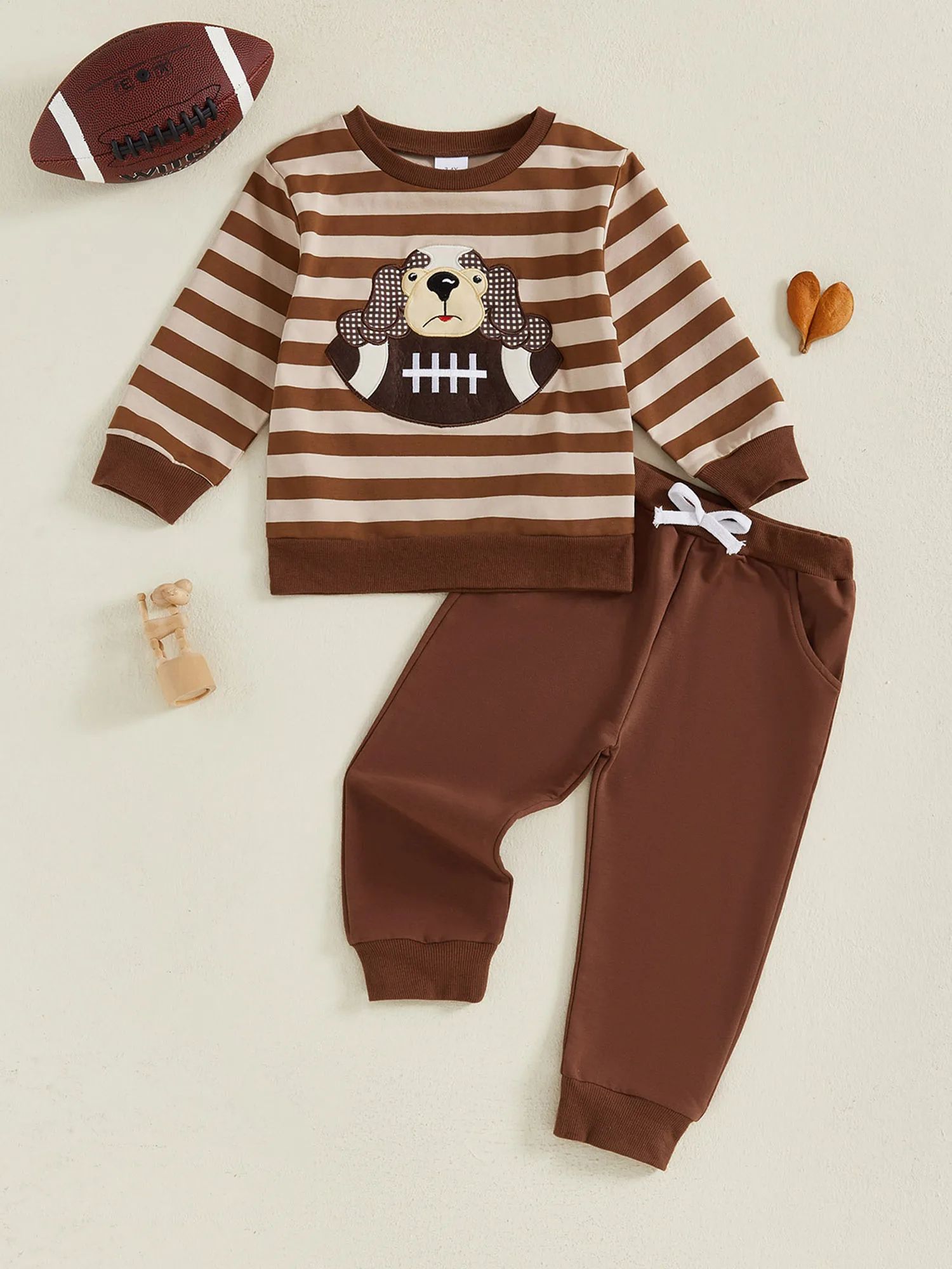 

Infant Boy Winter Outfit Bear Print Hooded Jacket and Pants 2 Piece Set with Fleece Lining and Pom Pom Detail