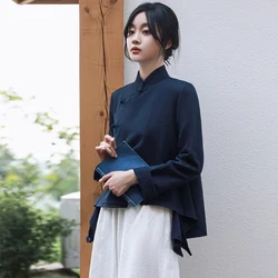 Chinese Traditional Costume Women Literary and Vintage Tang Suit Shirt Spring National Style Cotton and Linen Tops