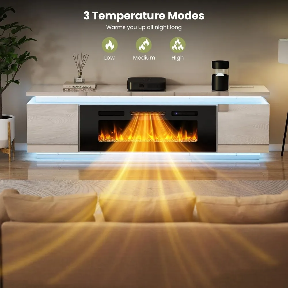 مركز ترفيهي لـ 85 تلفزيونًا مع 40 مدفأة مدمجة ومصابيح LED، يتميز بـ 4 منافذ طاقة تيار متردد