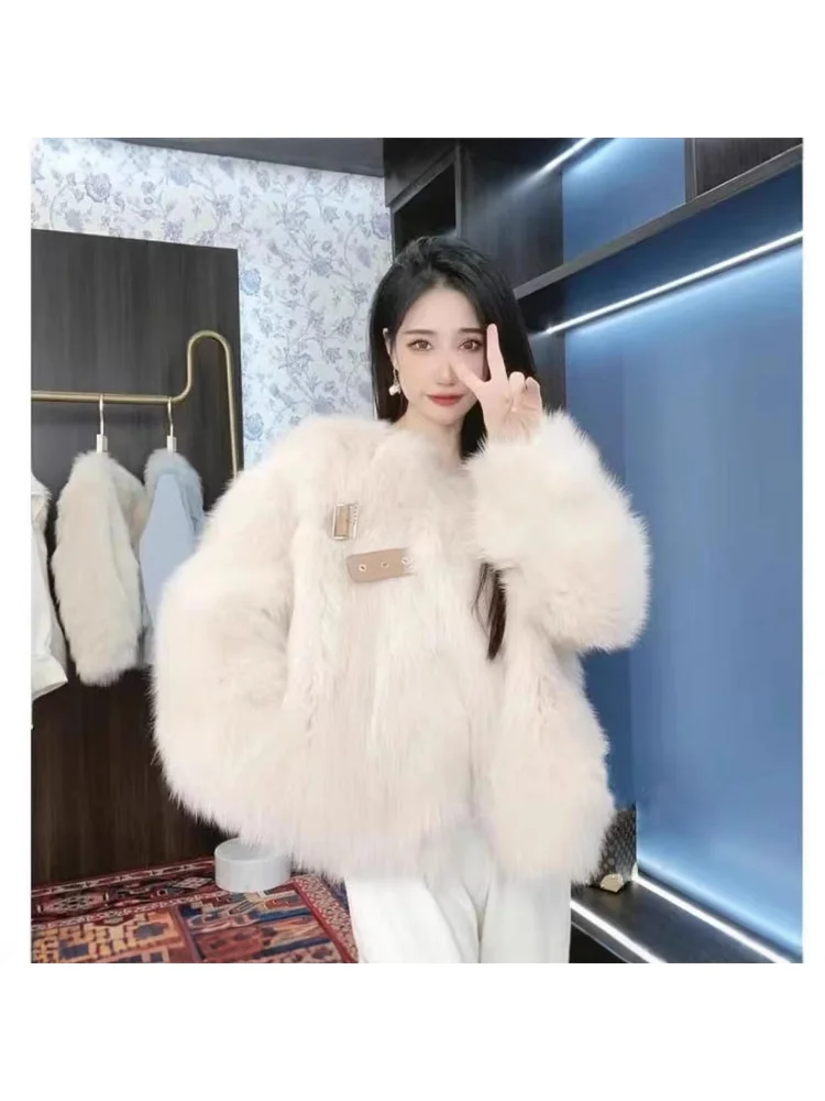 Noble Elegant Autumn Winter Warm Synthetic Fur Fashionable Gentle Simple Commuting Belt Solid Color Gentle Sweet Short Jacket