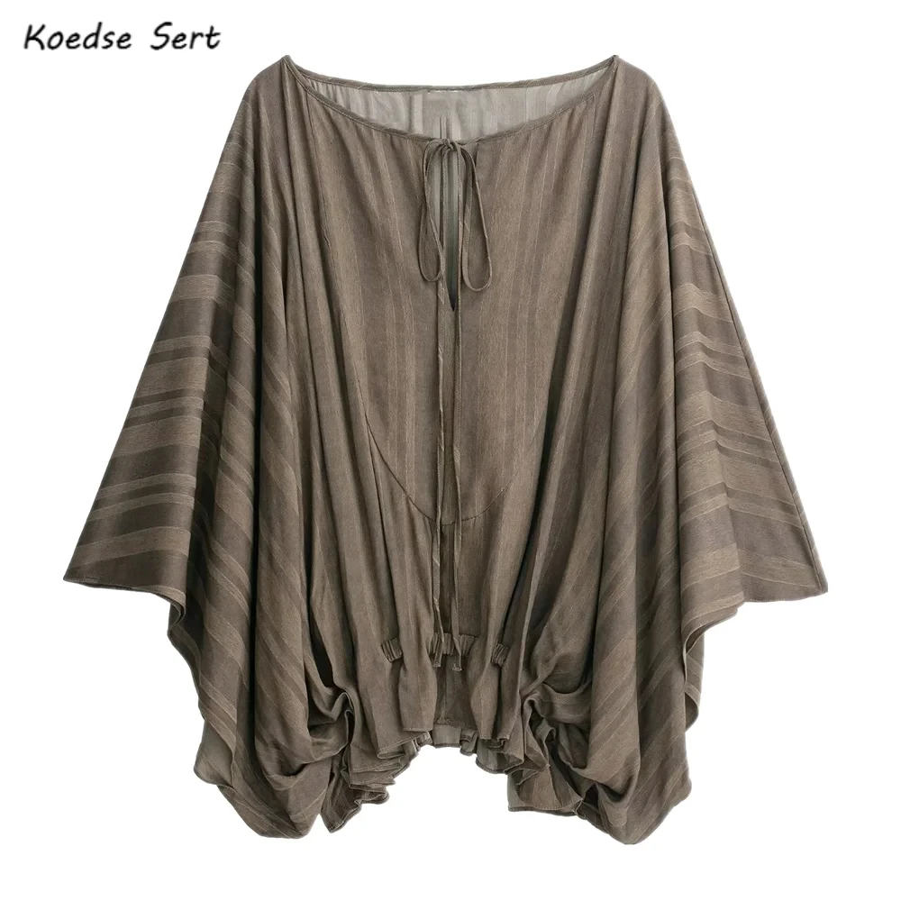 

Осень 202, шикарные жаккардовые полосатые пуловеры с крыльями летучей мыши, рубашка, праздничная женская рубашка с бантом и круглым вырезом, рюшами и эластичным подолом, свободная накидка, блузка, топы