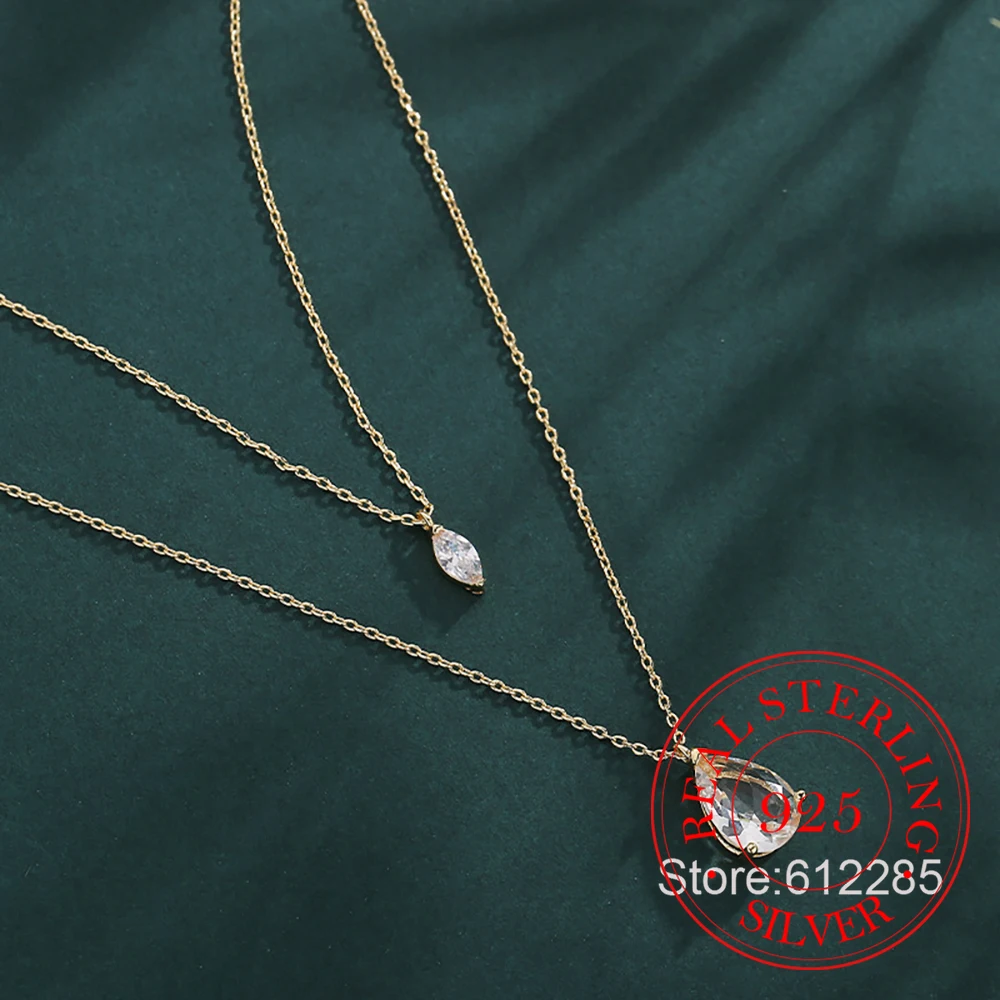 

925 Sterling Silver Jewelry 18K Gold Plated 2-layer Crystal Waterdrop Pendant Necklace for Women Wedding Party Girls Friend Gift