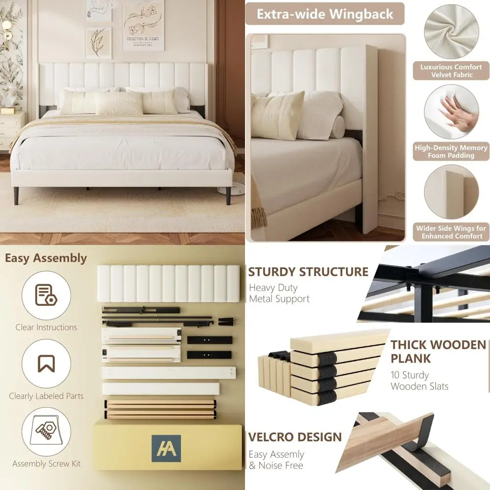 

Upholstered Wingback Bed Frame with Vertical Channel Tufting, Platform Style, Wooden Slats Support, Easy Assembly King Size Bed