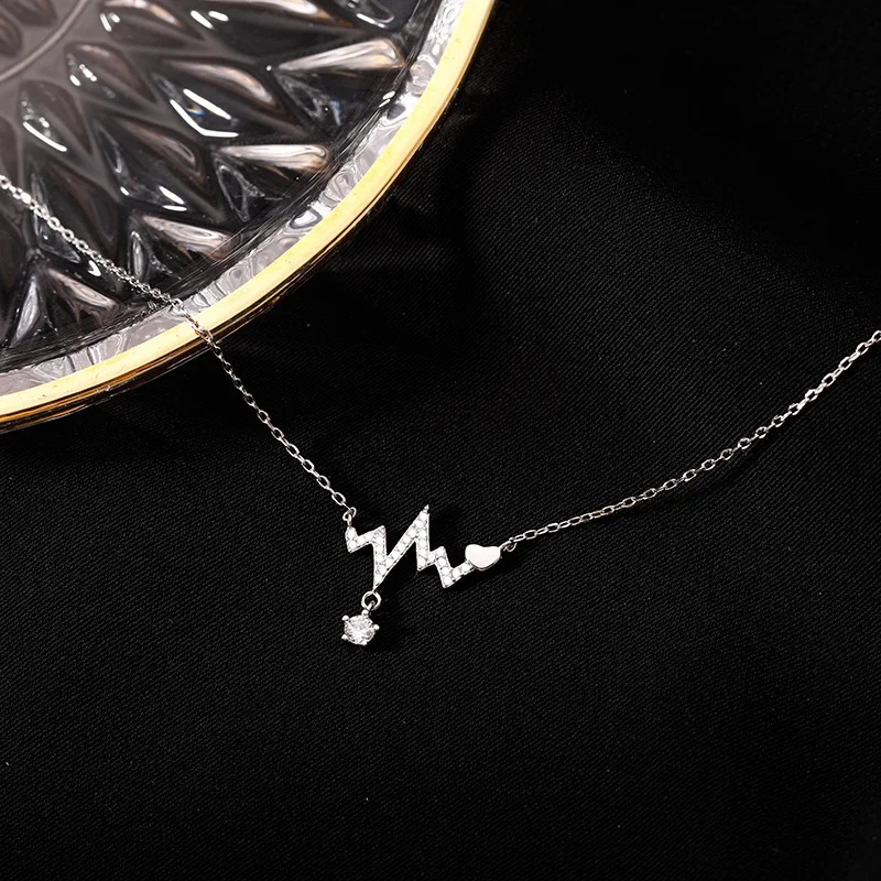 Korean Zircon ECG Pendant Necklace for Women Fashion Heart Choker Clavicle Chain Wedding Party Jewelry Birthday Gifts Wholesale