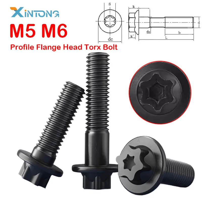 10PCS M5 M6 Torx-Head Bolt Grade 12.9 Black Carbon Steel Profile Flange Head Screw Profile Plum Outer Hexagon Screws