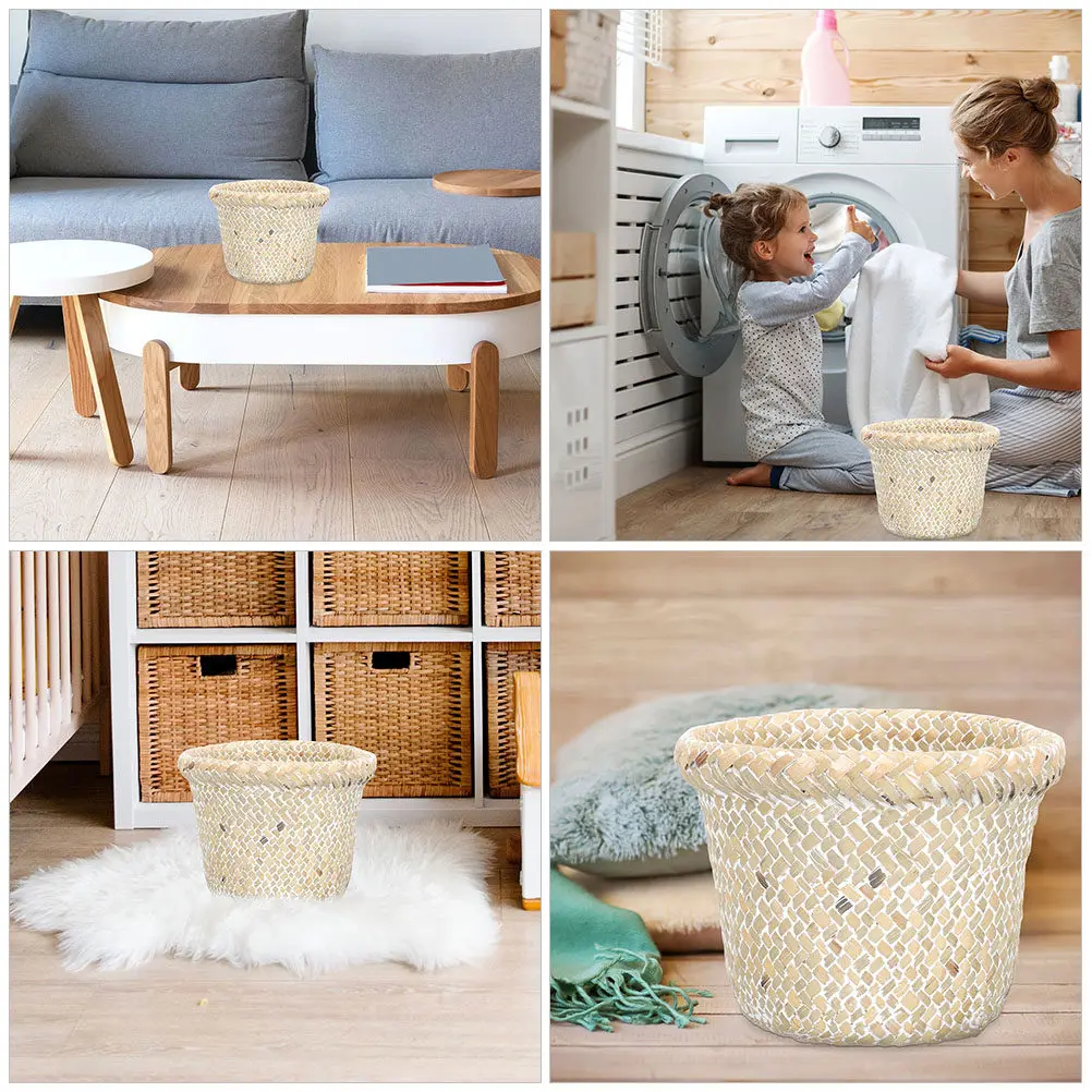 Large Capacity Woven Storage Basket Sturdy Woven Trash Can for Living Room Study Kitchen Bedroom Compact Rustic Wicker