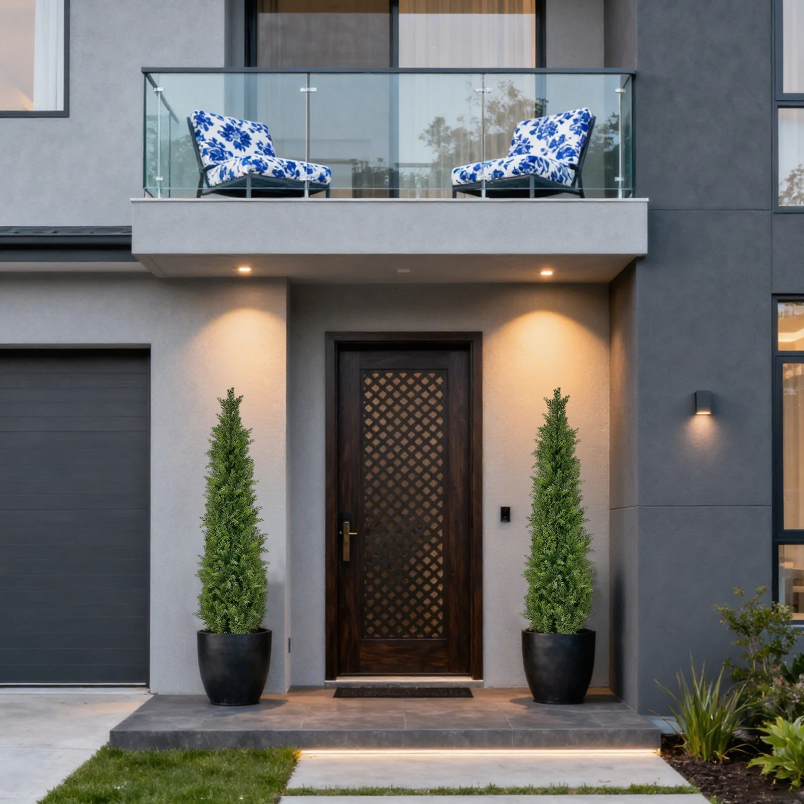 شجرة الأرز الاصطناعية، صنوبر الأرز الصناعي في الهواء الطلق، حماية من الأشعة فوق البنفسجية قطعتين نباتات دائمة وهمية لشرفة مدخل المنزل الأمامي #3