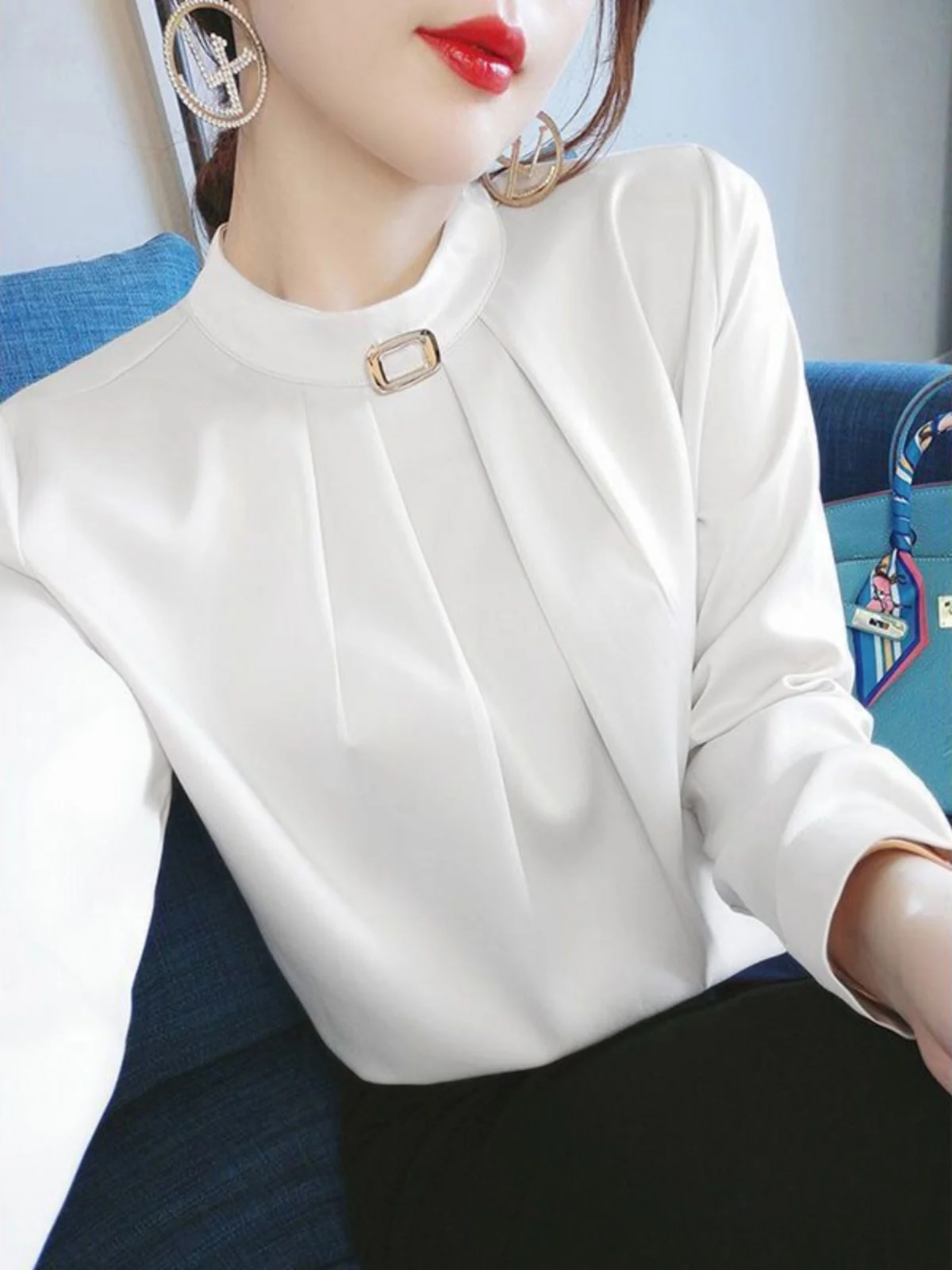 

Белая женская модная блузка с воротником-стойкой и длинным рукавом, весенне-осенний топ из полиэстера, свободный крой, стандартная длина