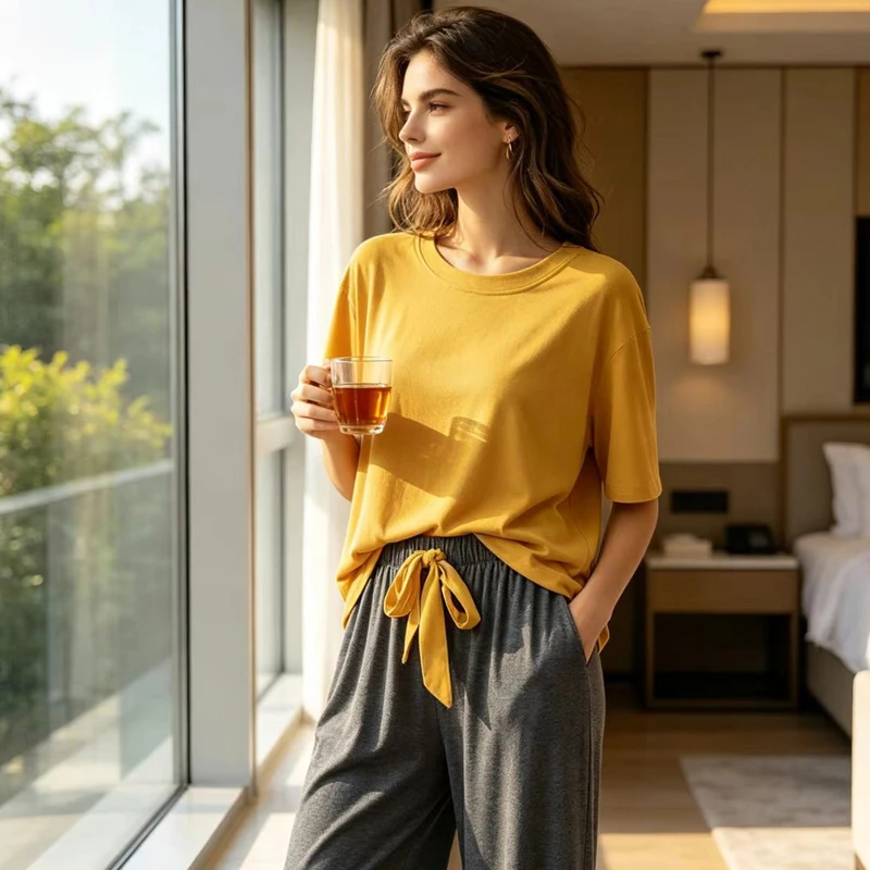 Loose 2pcs Pajamas Set Contrast Modal short sleeve Long Pants Home Suit Intimate Lingerie Soft Nightwear Women Indoor Clothing