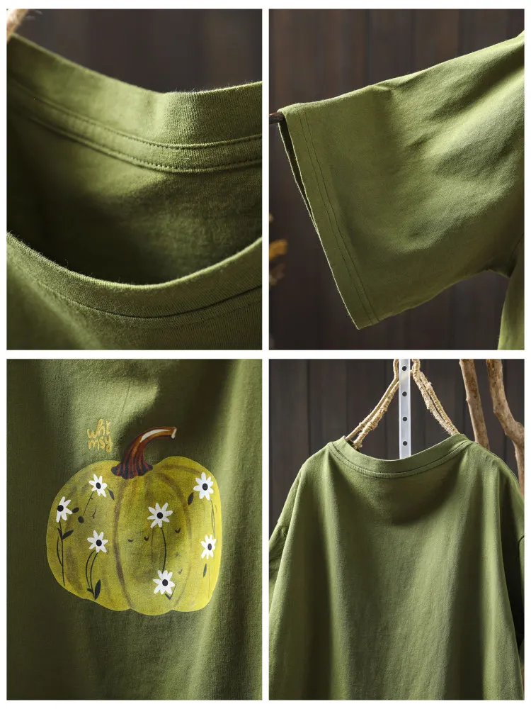 Green Pumpkin Print T Shirt Women Summer Fashion 100% Cotton Good Quality Loose Casual Oversized Round Neck Pullover Tees Female