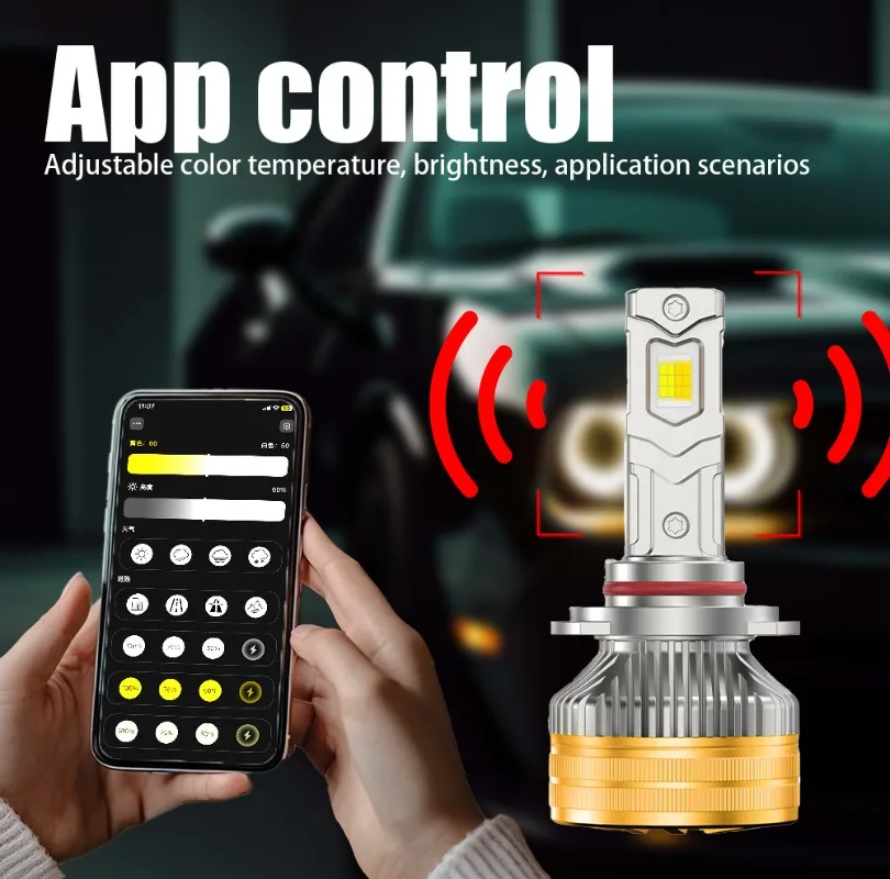 A75 3000K-6500K Mobile App Controlled Smart Headlights 9012 H1 H7 H11 H1 H4 Decoding Car Intelligent Control Headlights