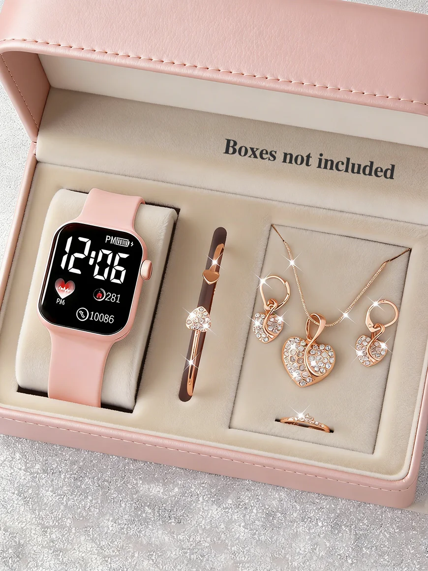 Square Electronic Watch And Heart-Shaped Jewelry Set Non-Chargeable Battery Non-Smart Watch Birthday Gift No Box