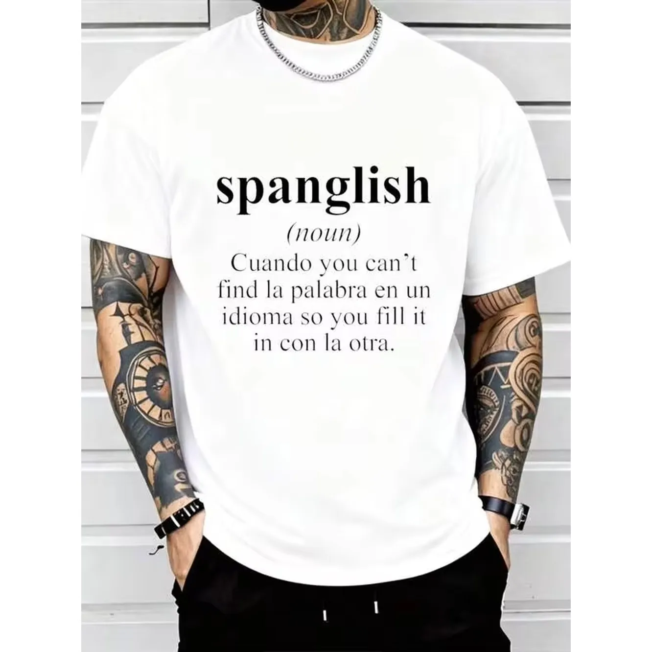 Men's Graphic Oversized Crewneck Cotton T Shirt, Spanglish Definition Print T-Shirt Casual Wear, Spring Short Sleeve Loose Fit Tops, Summer Fashion Basic Tees, Funny Clothes Black White Options, Gift For Men