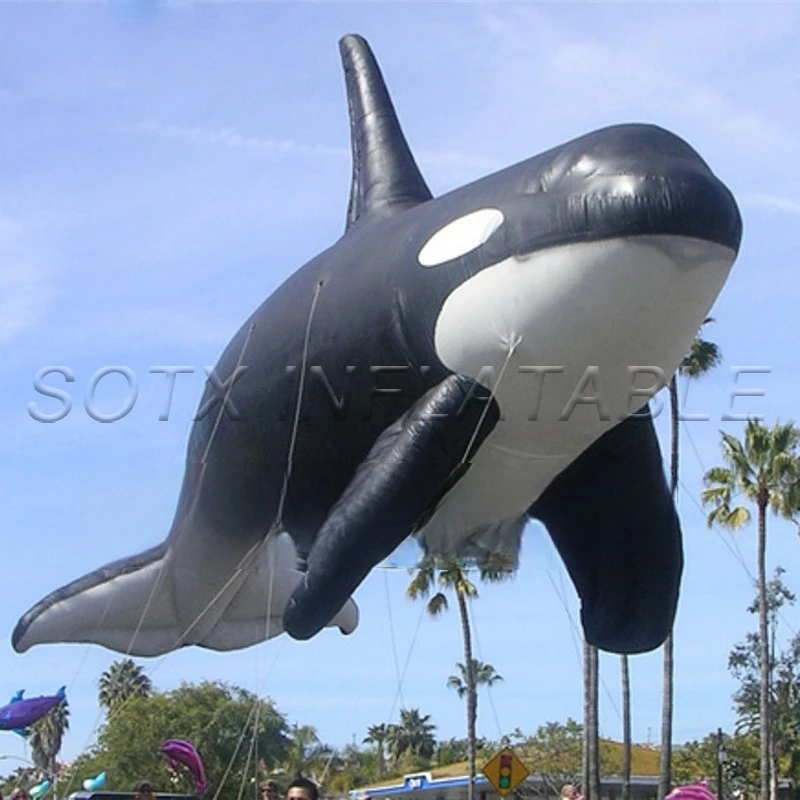 Attractive enclosed PVC black and white inflatable whale model, helium floating cruise balloon for marine events