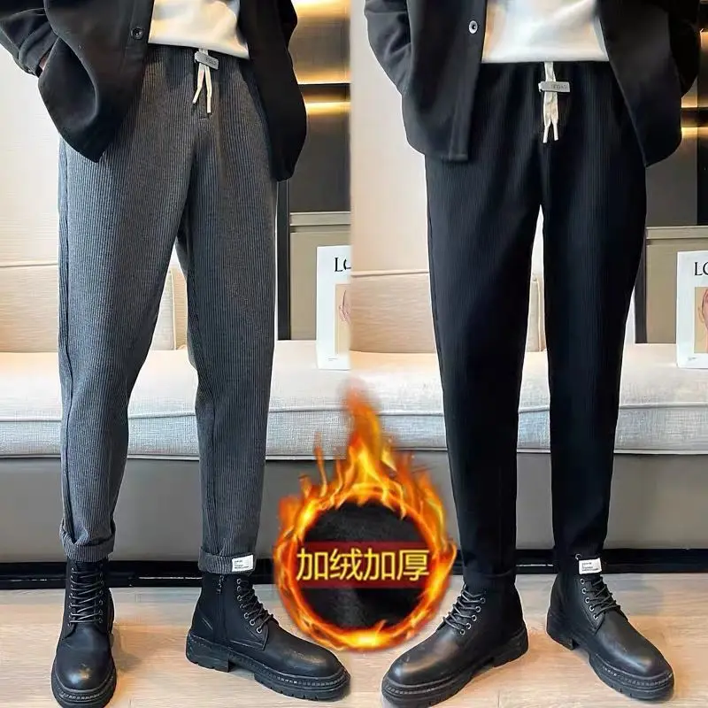 Fashion Autumn Winter Luxury Clothing Fleece Casual Pants Men's Thickened Corduroy Elastic Waist Baggy Joggers Harem Trousers