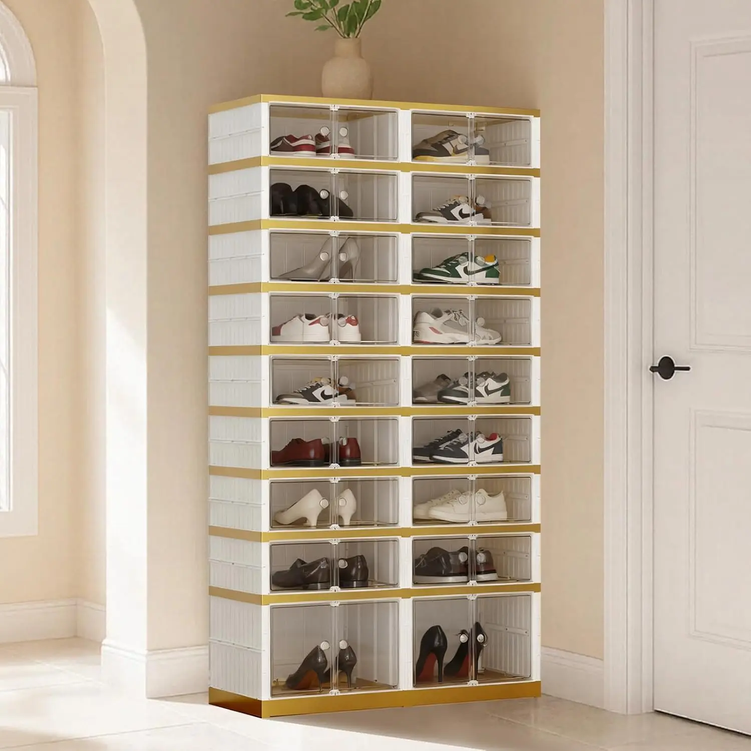 

Foldable Shoe Organizer Cabinet Collapsible Shoe Rack, 9 Tier 36 Pairs Shoe Storage Boxes, Folding Shoe Rack with Magne