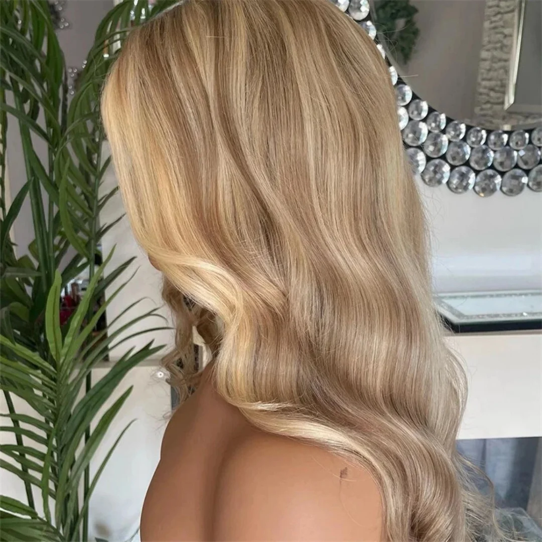 วิกผมสังเคราะห์สีบลอนด์น้ำผึ้งสำหรับผู้หญิง ทรงลอนลึก ยาวเต็มศีรษะ วิกผมลูกไม้โปร่งใส HD 13*4 สำหรับคอสเพลย์
