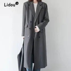 High-quality Grey Long Suit Style Windbreaker Double Breasted Wide-waisted Turn-down Collar Black Popular British Vintage Coat