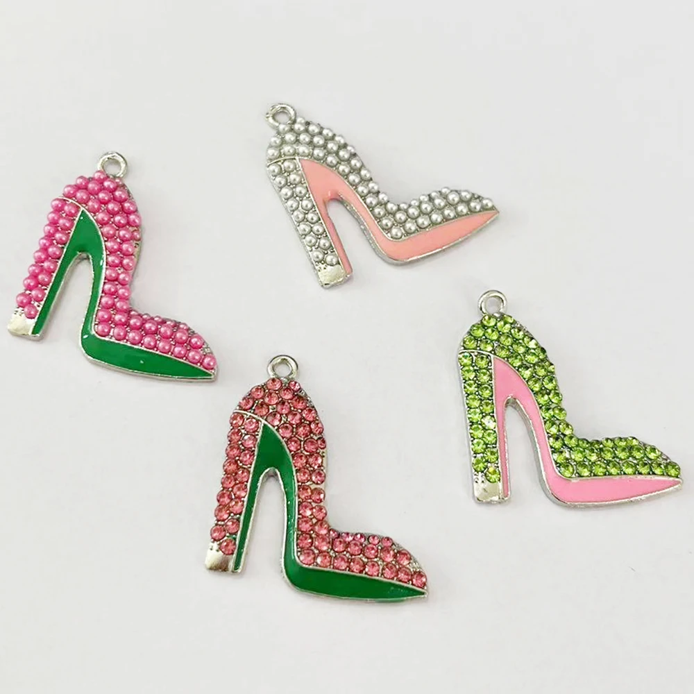 10Pcs Pink and Green Rhinestone Hihg-Heeled Shoes Charm Sorority Jewelry Bracelet Necklace Accessories