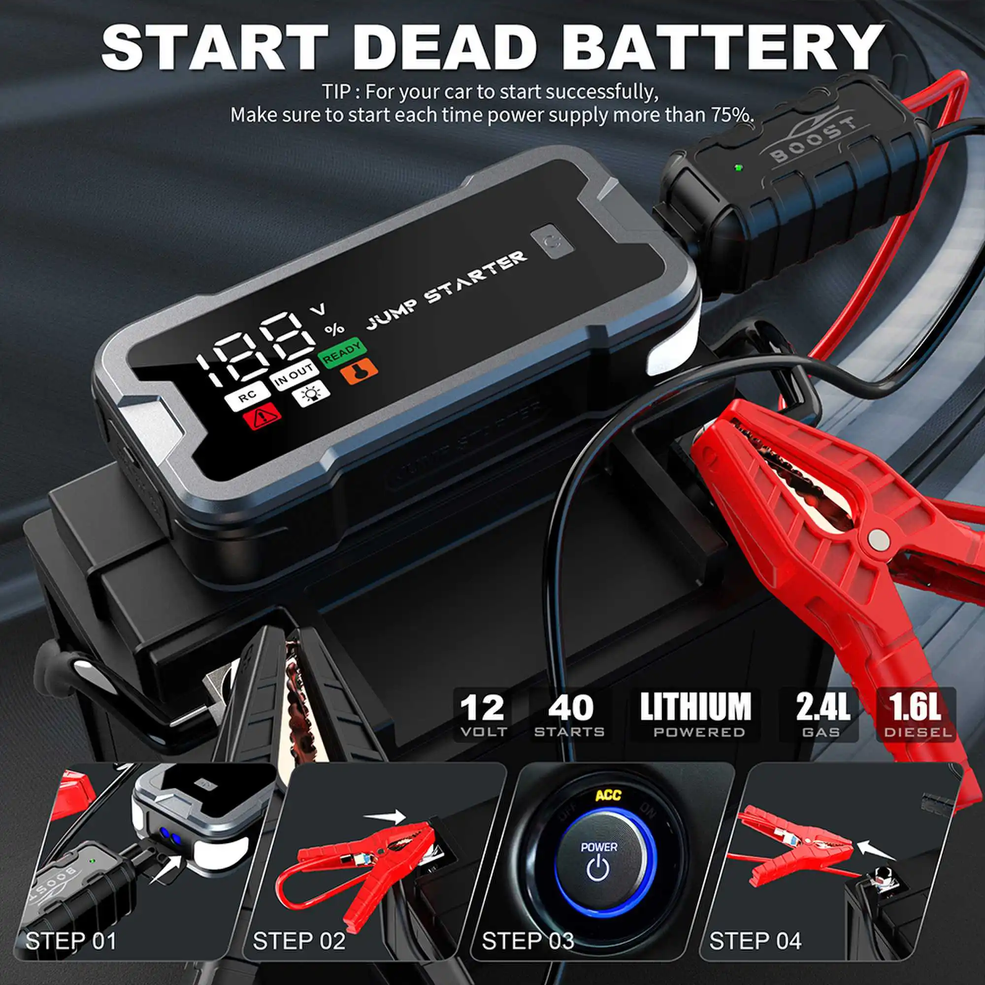 4000A Car Jump Starter ,Portable Car Battery Jump Starter,12V Jump Box Battery Pack with Boost LED Light and Jumper Cables view 2