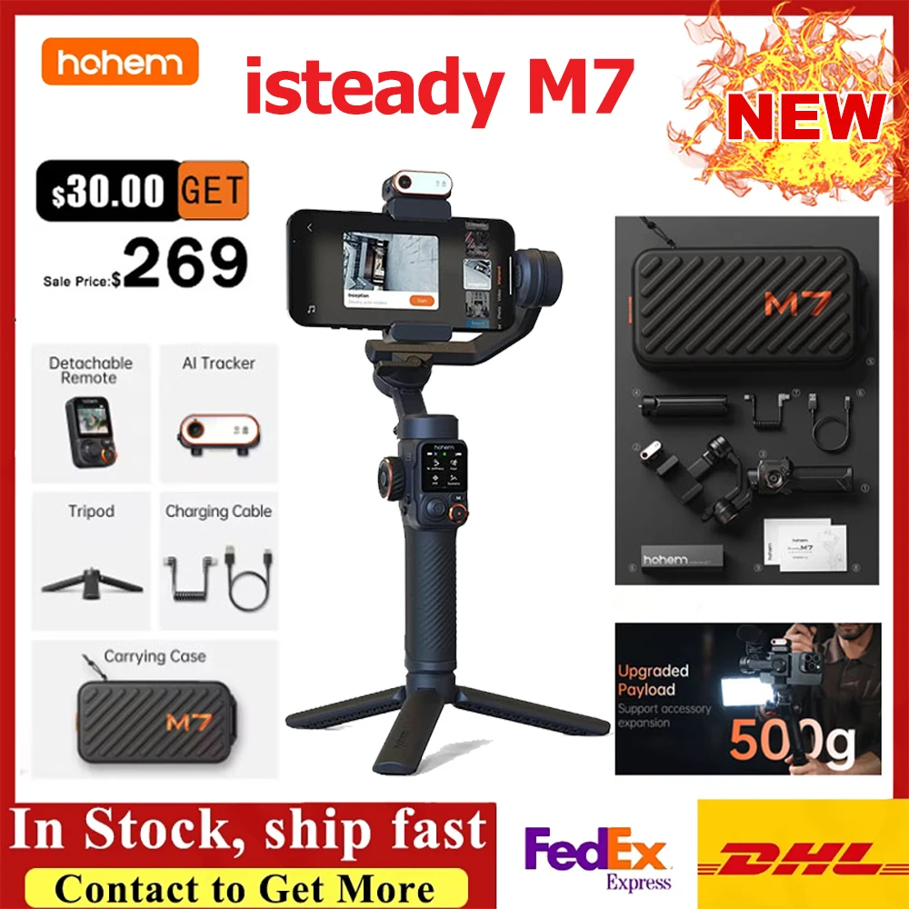 Hohem isteady М7 Stabilizer Ai Face Tracking 3-Axis Phone Gimbal Built-in Selfie Stick iPhone16/Samsung Gimbal