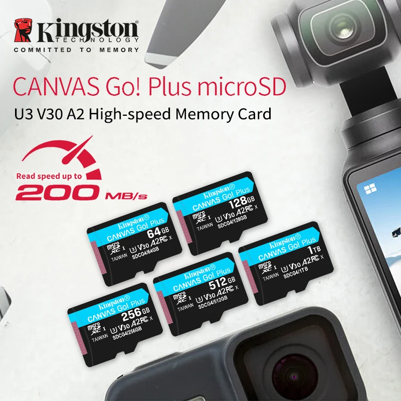 قماش كينغستون اذهب! بطاقة ذاكرة بلس مايكرو SD 64 جيجابايت 128 جيجابايت 256 جيجابايت 512 جيجابايت 1 تيرا بايت A2 V30 4K بطاقة ذاكرة بحد أقصى 200 ميجابايت/ثانية قراءة 160 ميجابايت/ثانية قم ببراءة فلاش TF