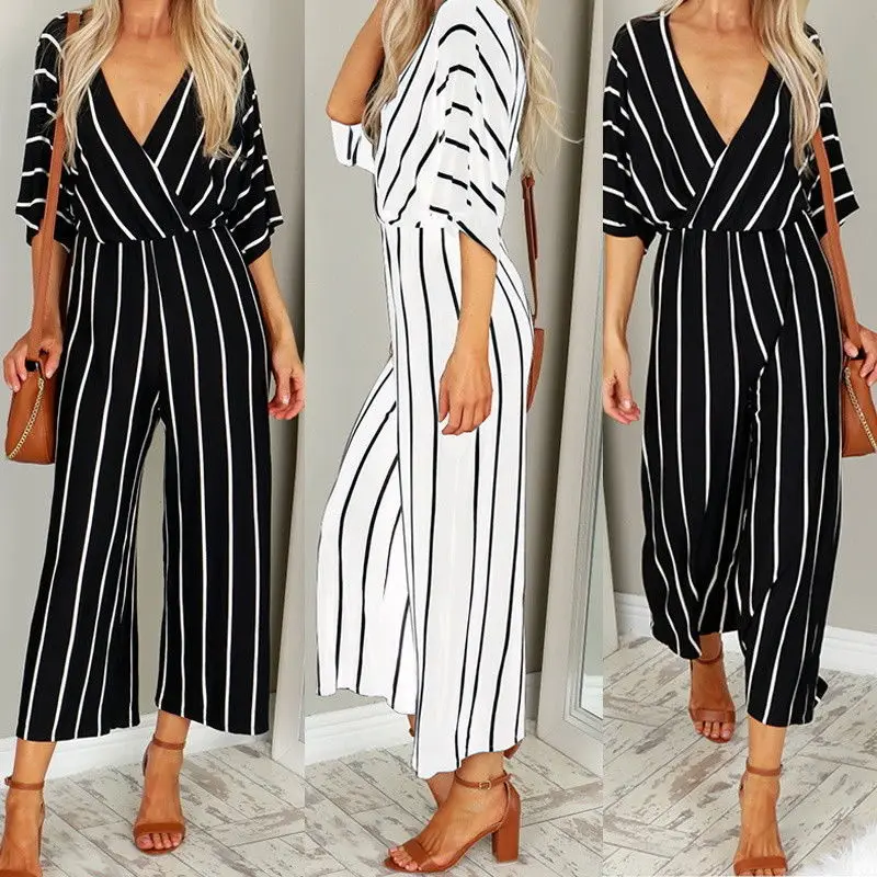 Fashion Women Striped Print Jumpsuits Spring Autumn V-Neck Three Quarter Sleeve Loose Playsuit Female Casual Wide Leg Jumpsuits