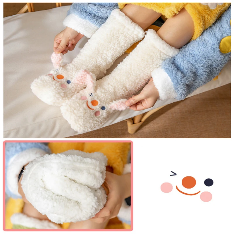 MOJITO Women Kawaii Winter Home Socks Cute Rabbit Animal Thicke Warm Fleece Cozy Slipper Socks Christmas Gifts