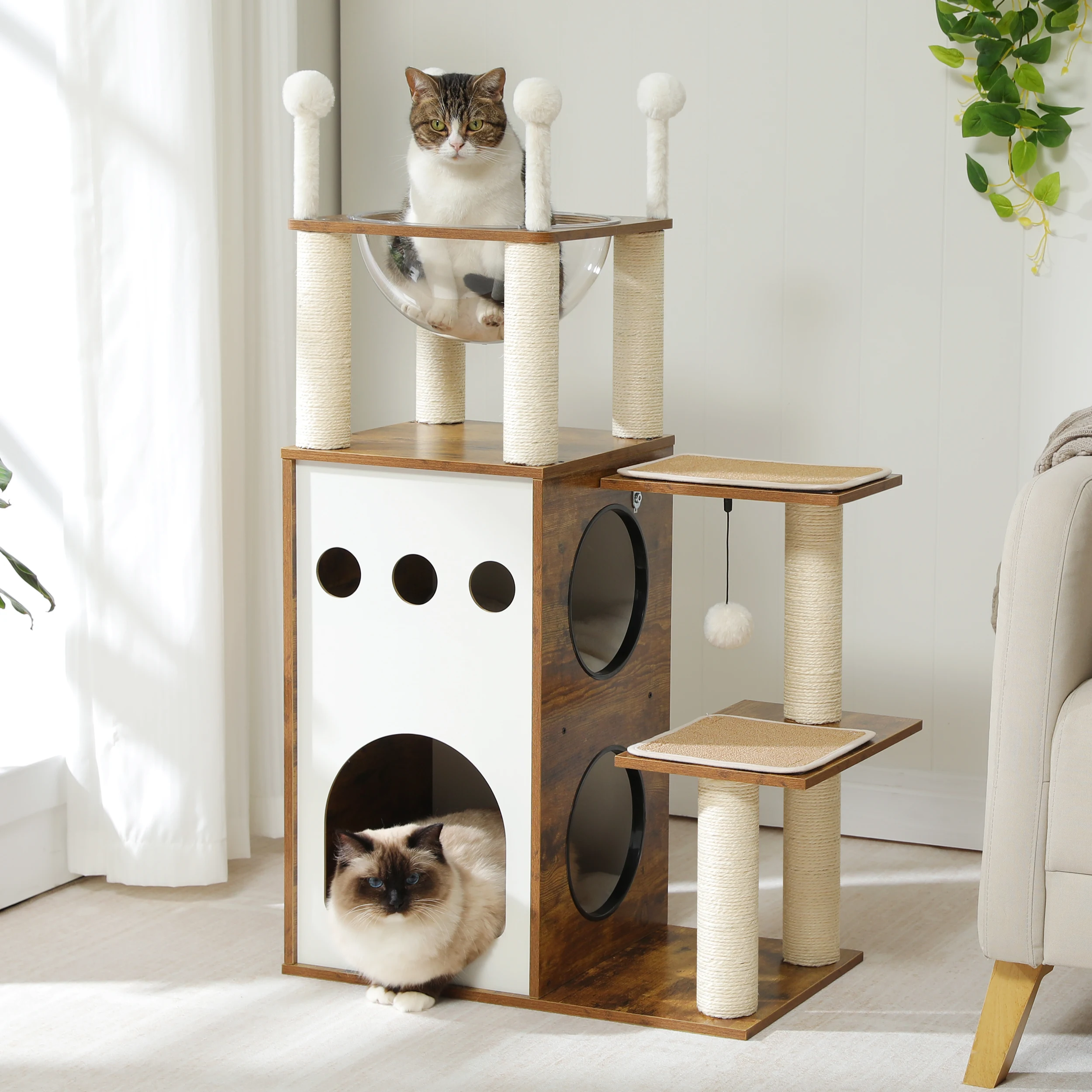 Wooden Cat Tree with Large Condo, Capsule Nest, Modern Cat Tower for Indoor, Cat Furniture with Sisal Scratching Post, Cat House