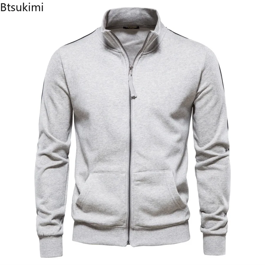 2025 Spring Mens New Cotton-blend Solid Zip Up Long Sleeves Sweatshirts Casual Sport Cardigan Jacket Fashionable Male Sportswear