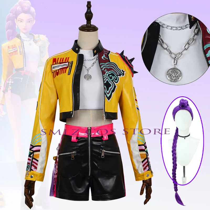 

Embroidery Rumi Kpop Girl Group Cosplay Anime Demon Singing Costume Yellow Punk Y2K Coat Short Pants Wig Halloween Party Cos