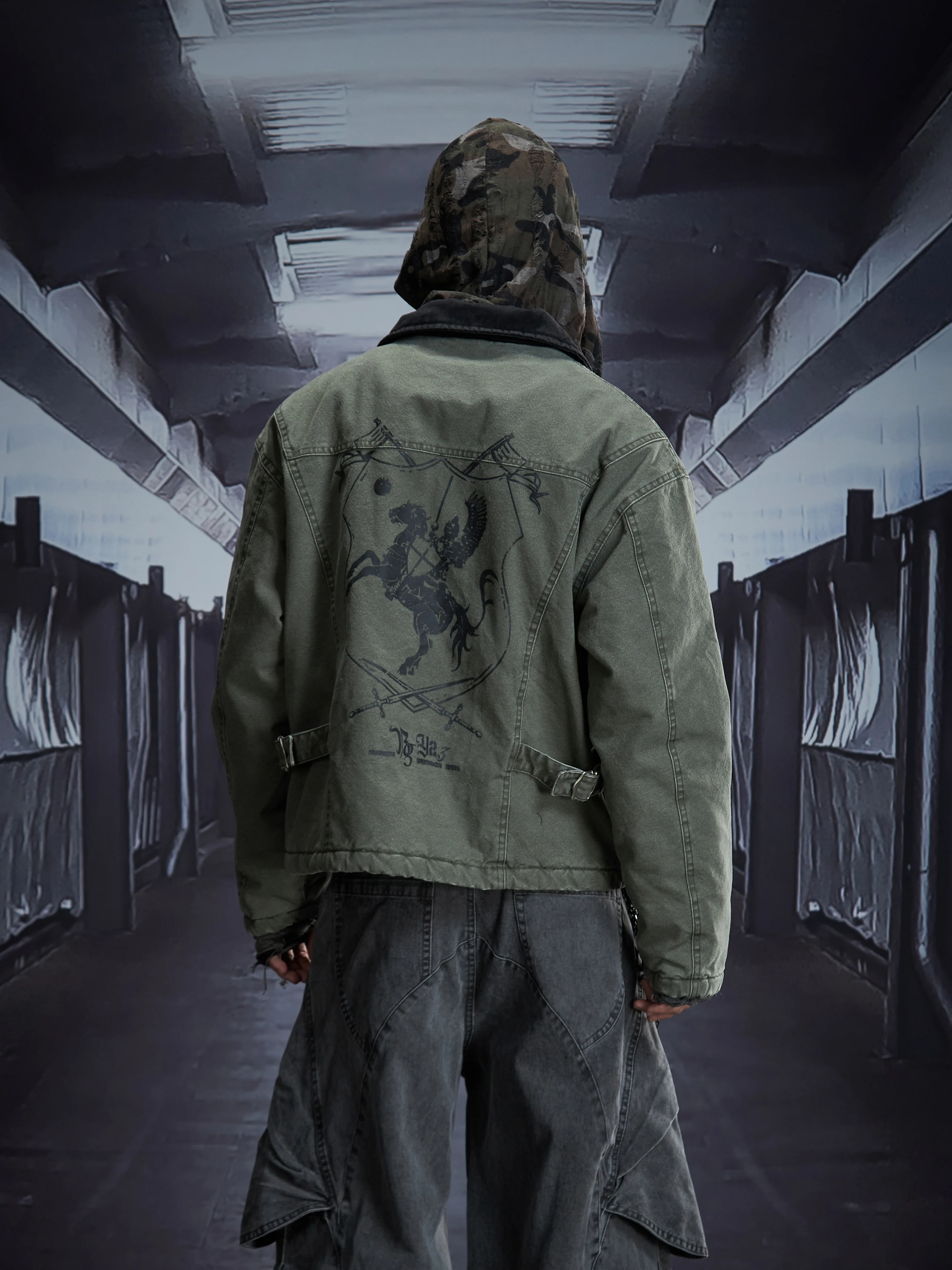 Washed and Worn Vintage Printed Loose Short Padded Jacket Cotton Coat Winter Men Women