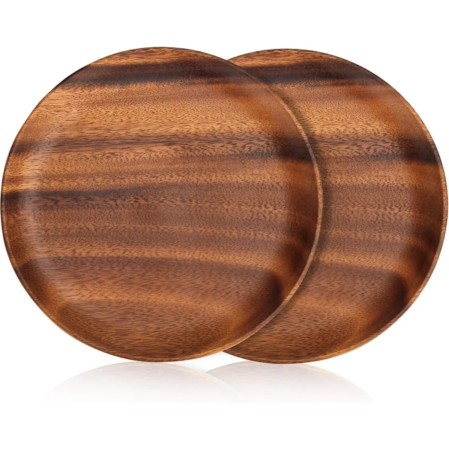

2 Pcs 10 Inch Acacia Wood Dinner Plates Set for Eating Wooden Round Charcuterie Boards Kitchen Serving Platters for Food Dishes