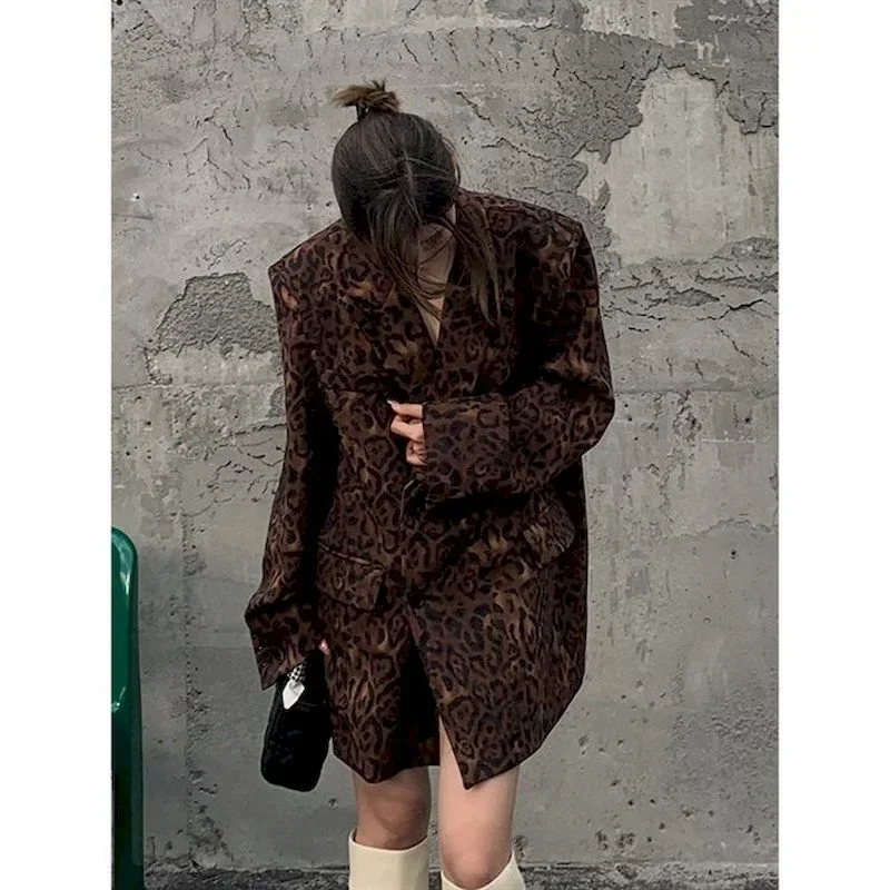 UNXX Spring Autumn Leopard Print Oversize Casual Blazer New Lapel Long Sleeve Loose Fit Jacket Women Fashion Coat Women Clothing