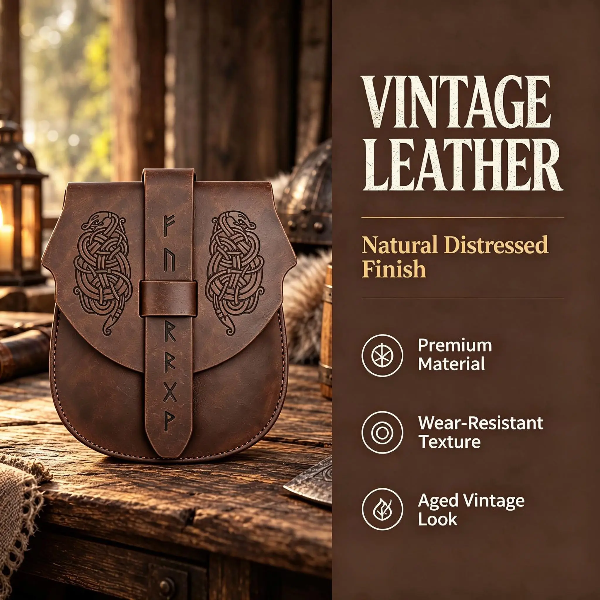 Viking Leather Belt Pouch, Medieval Retro Hip Bag with Norse Rune Carving for LARP Cosplay Renaissance Costume - view 2