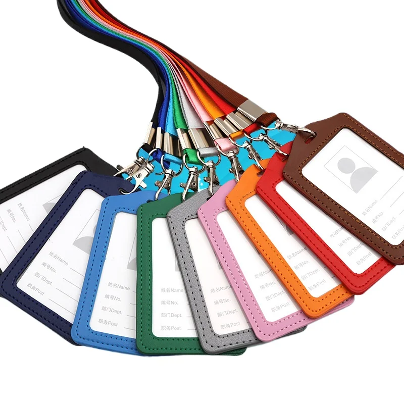 PU Leather Pass Work Card Holder Sleeve for Staff Nurse with Lanyard Working Permit Case Badge Holder Cover Neck Strap