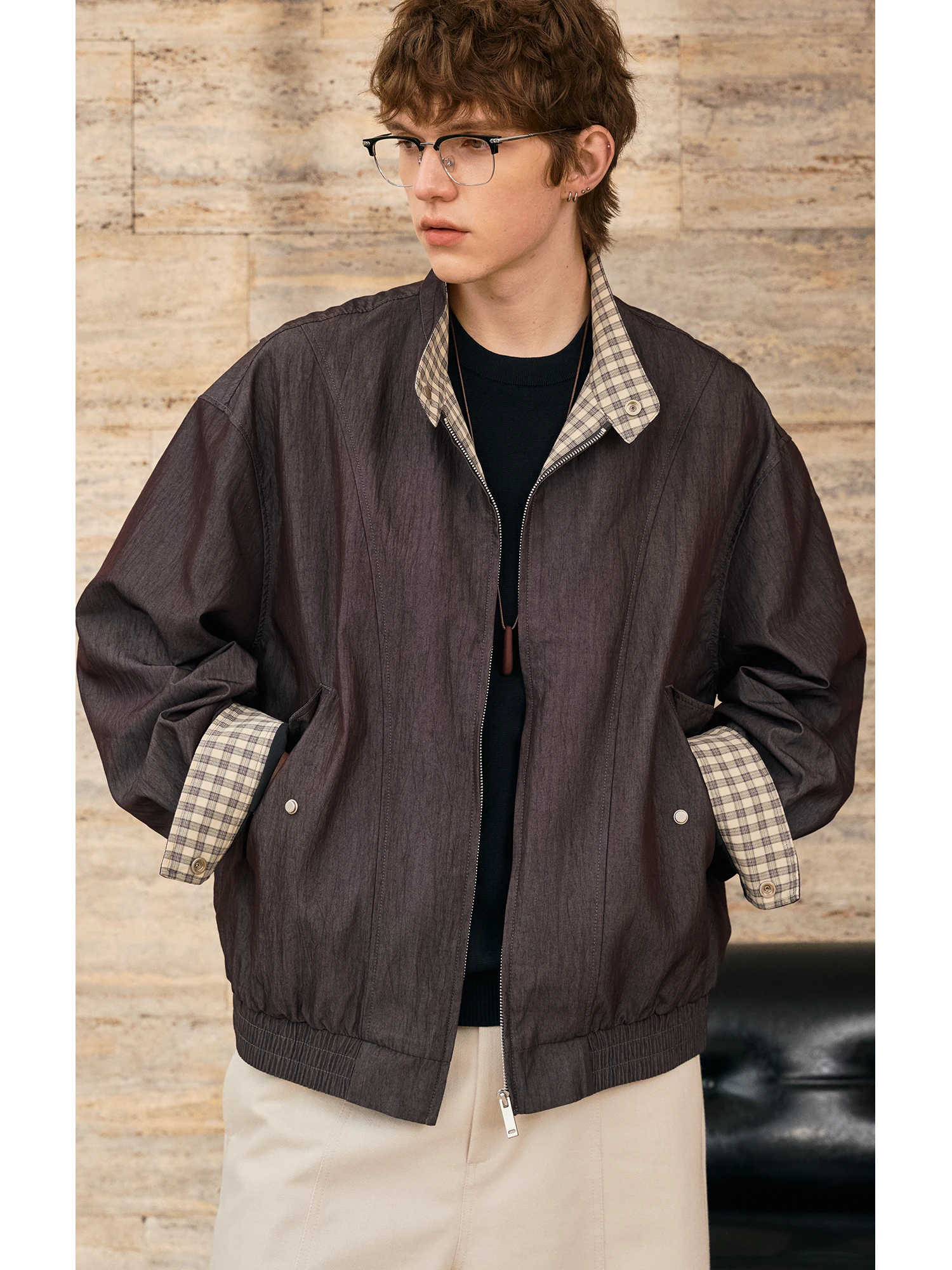 Loose Fit Contrast Color Patchwork Stand Collar Harrington Jacket Textured Drapey Spring Autumn Men's Outerwear Coat