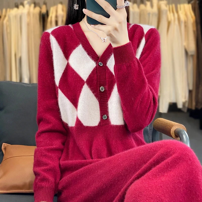 

FRSEUCAG Pullover Women's V-neck Dress Sweater Color Matching Knitting Slim Fit Fashion 100 Pure Wool Women's Dress New Hot Sale