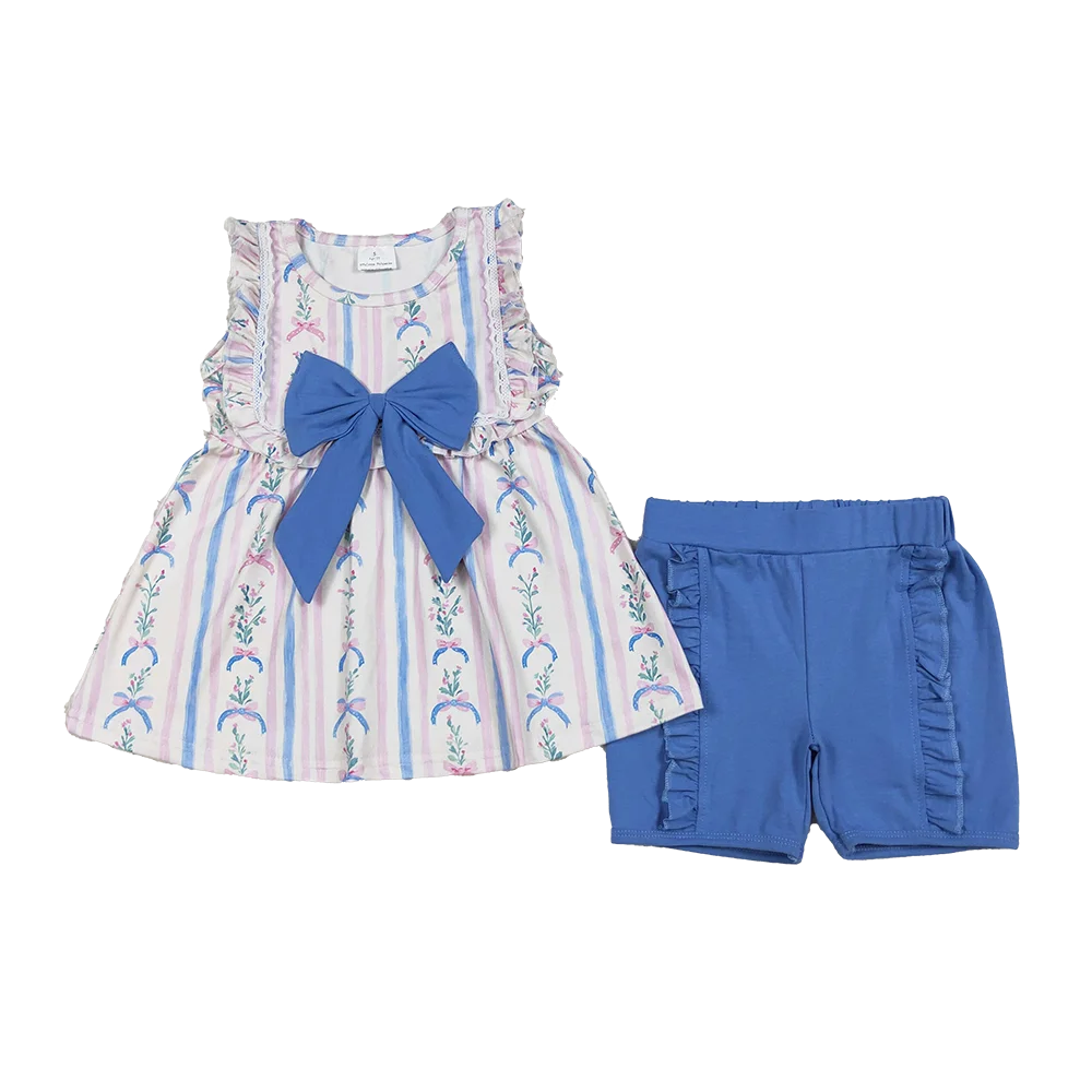 

9.15 Kids Summer Outfits Girls Baby Girls Sleeveless Floral Stripe Tunic Ruffle Shorts Sets