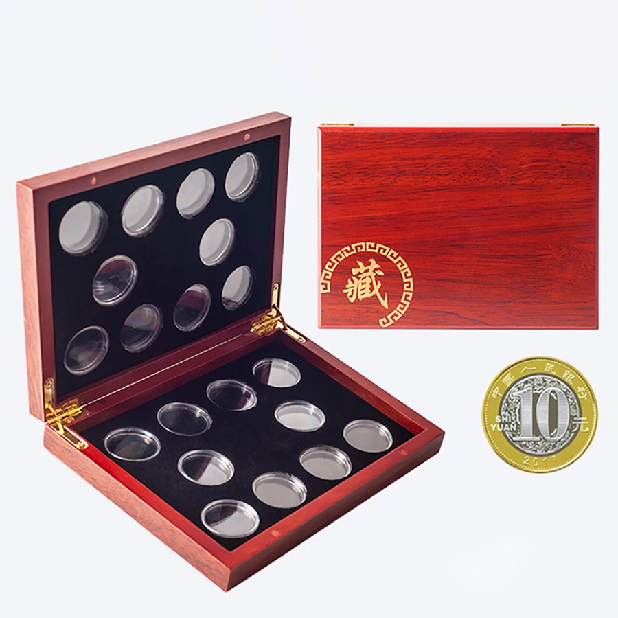 Red Round Coins Case Holders Storage Container Display 27mm 40mm Cases Wooden Box Commemorative Coins Collection Box CY