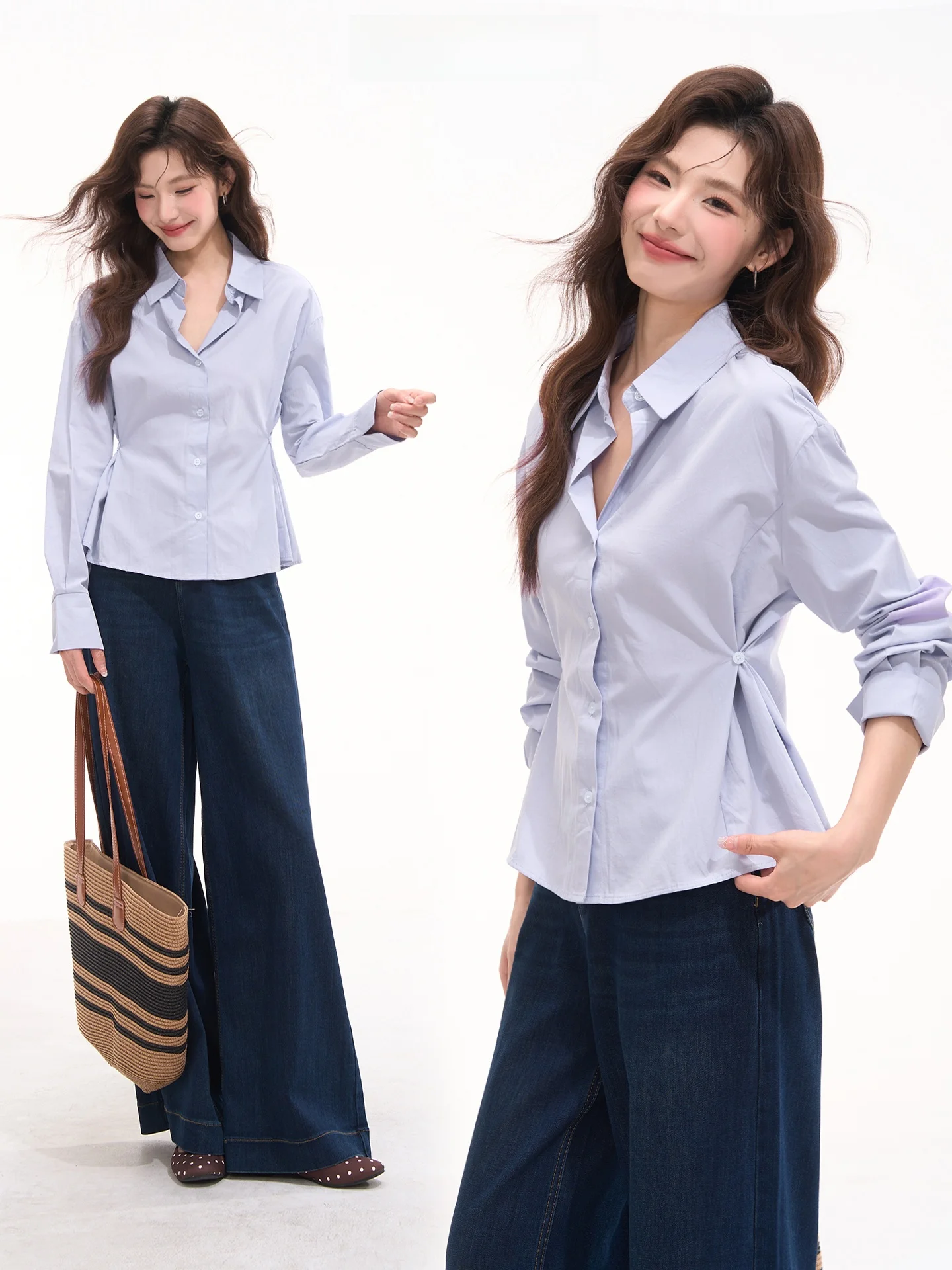 

Элегантная фиолетовая рубашка с длинными рукавами, женская приталенная рубашка в повседневном стиле, хлопковая рубашка с воротником-стойкой, открытый кардиган, стандартная длина