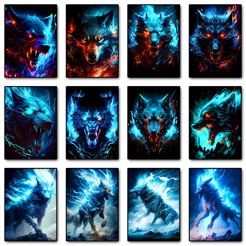 Blue Flaming Fantasy Animal Wolf Posters and Prints Canvas Painting Beast Wall Art Picture for Living Room Home Decor Cuadros